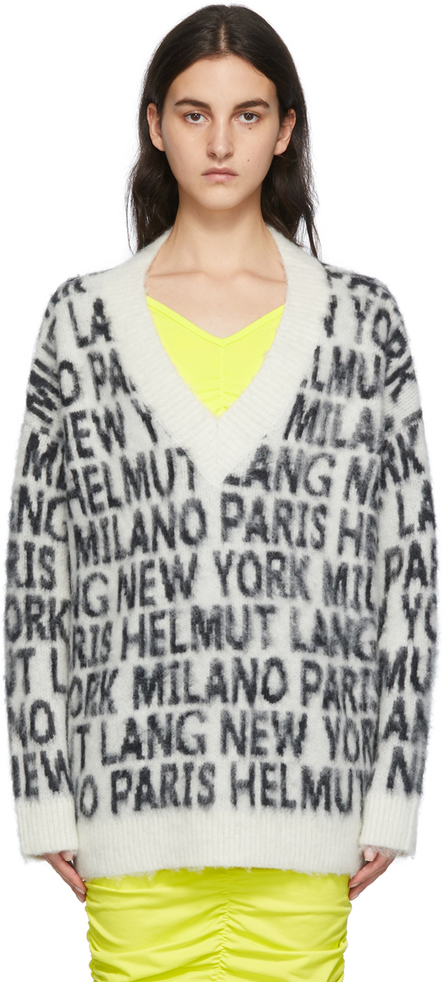 Helmut Lang Off-White Allover Logo V-Neck Sweater
