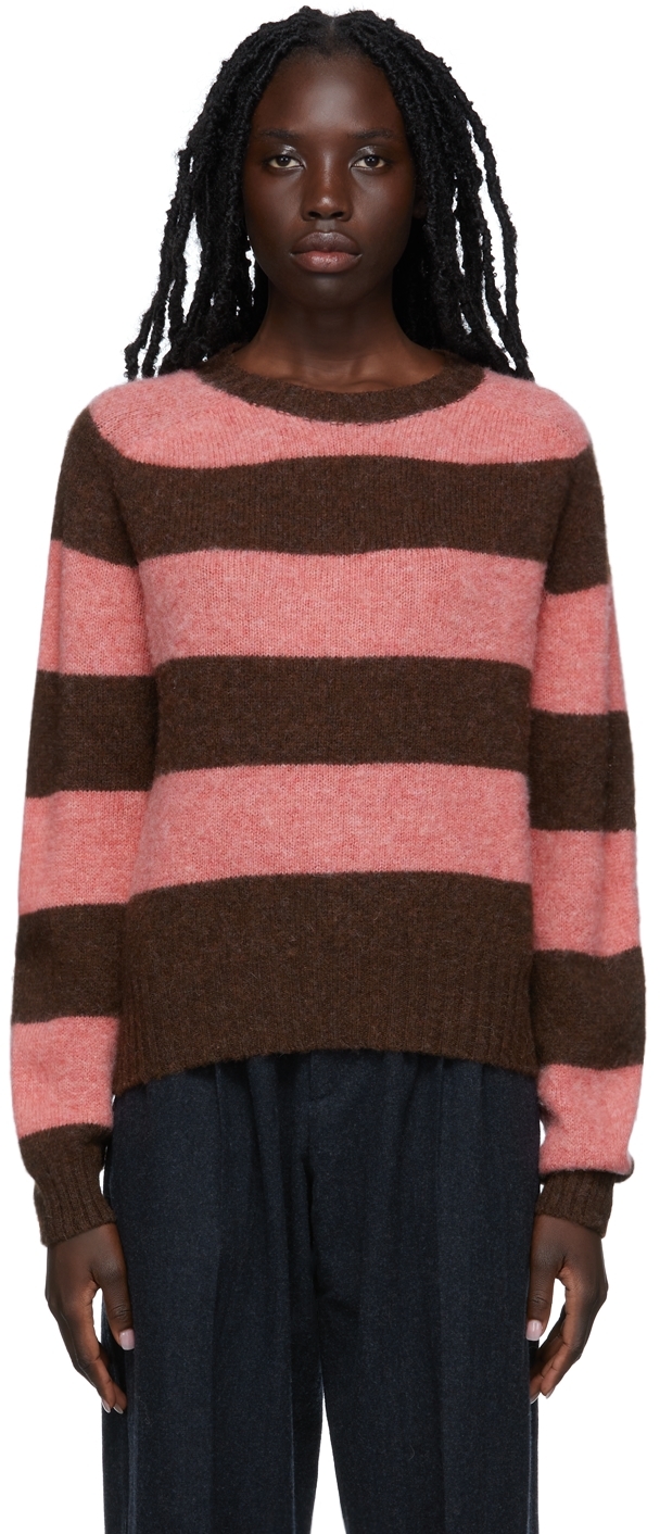 YMC Pink & Brown Jets Lambswool Striped Crewneck Sweater
