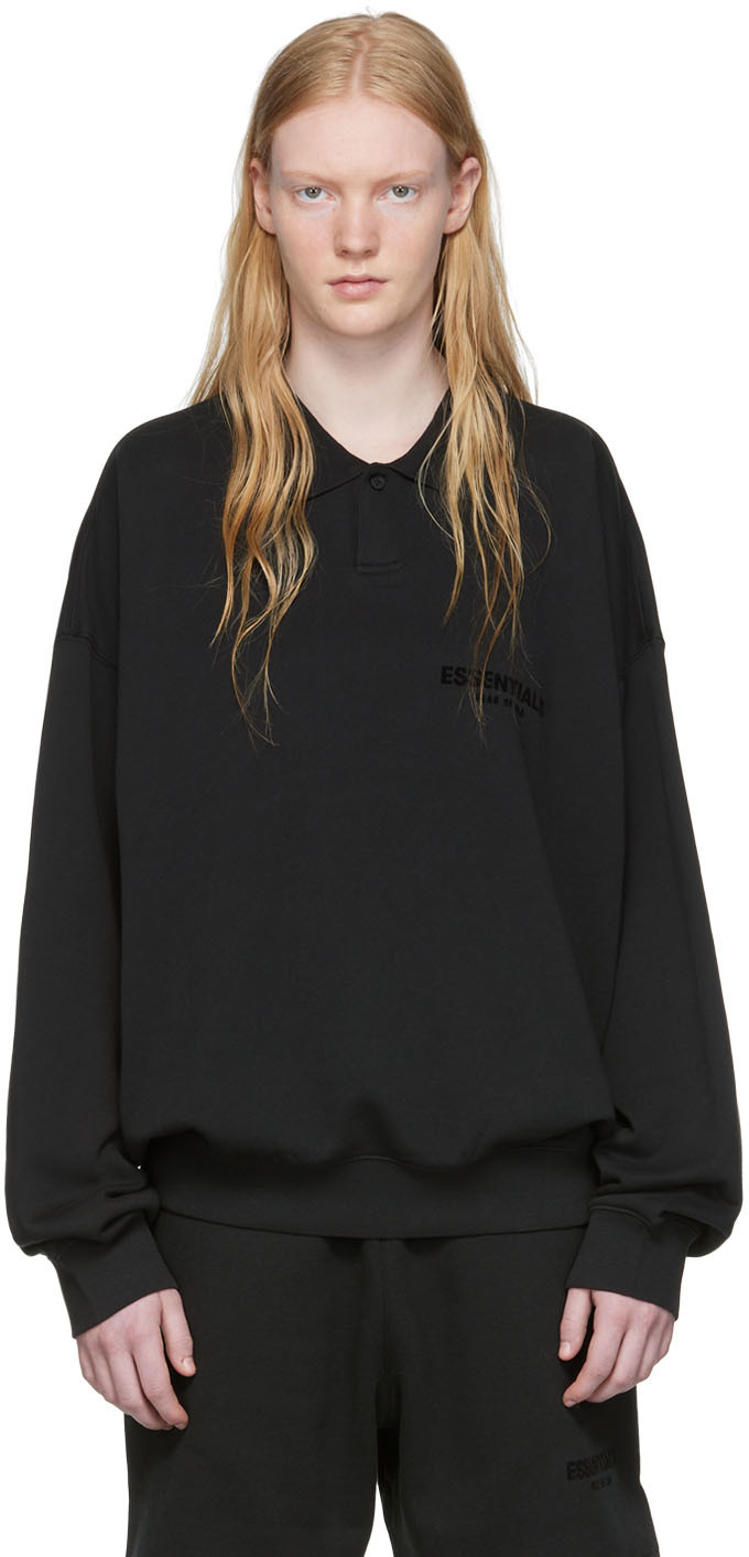Essentials Black Cotton Long Sleeve Polo