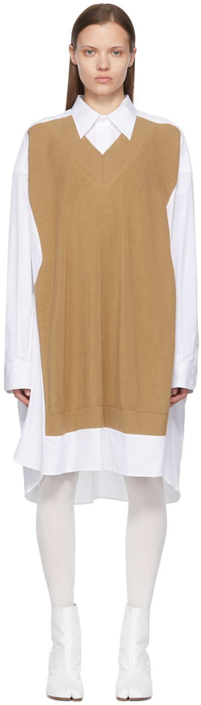Maison Margiela Spliced Knit-detail Shirtdress In 988 Optic White/came