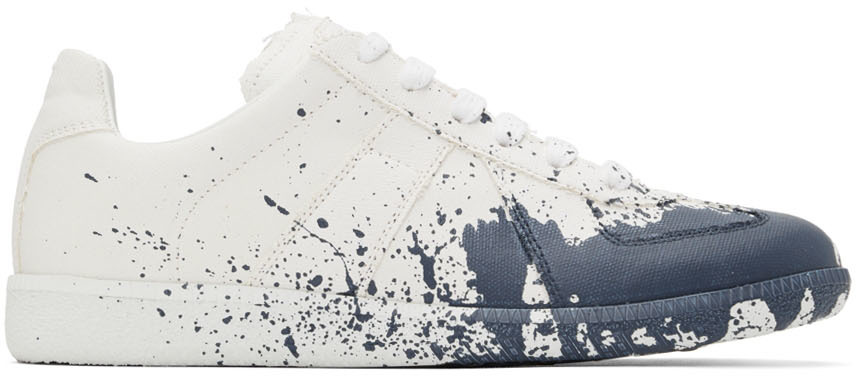 Maison Margiela Off-White & Blue Painted Canvas Sneakers