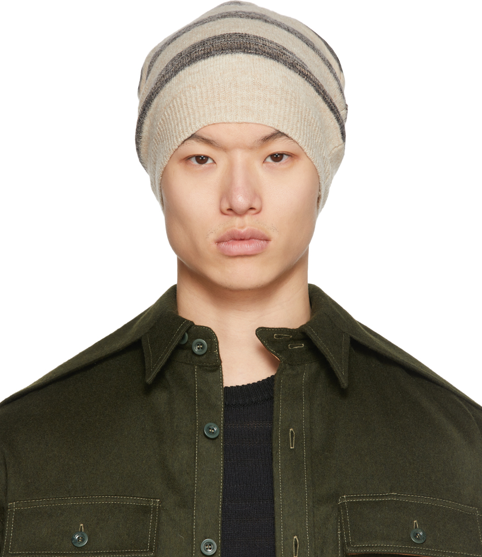 Beige Wool Striped Beanie