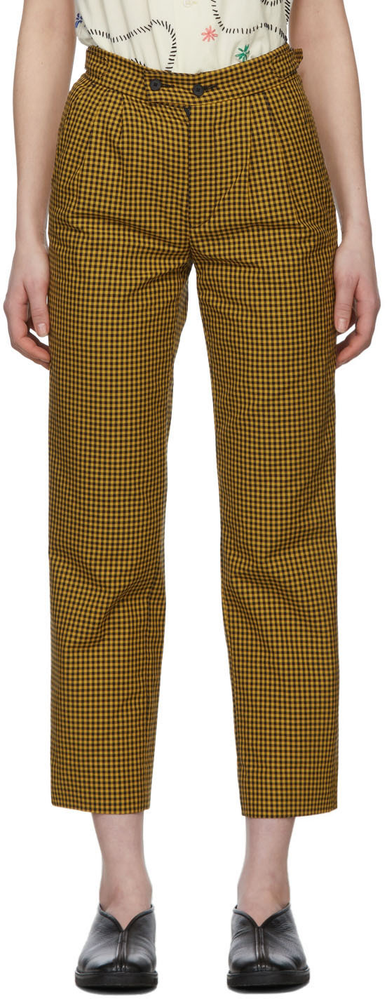 Bode Yellow Gingham Pleated Trousers
