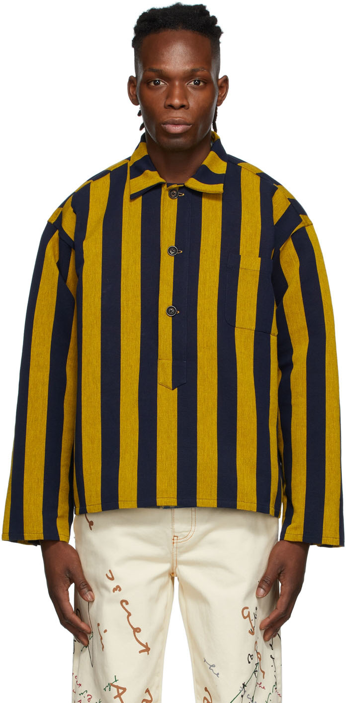 Bode: Navy & Yellow Champlain Stripe Pullover | SSENSE