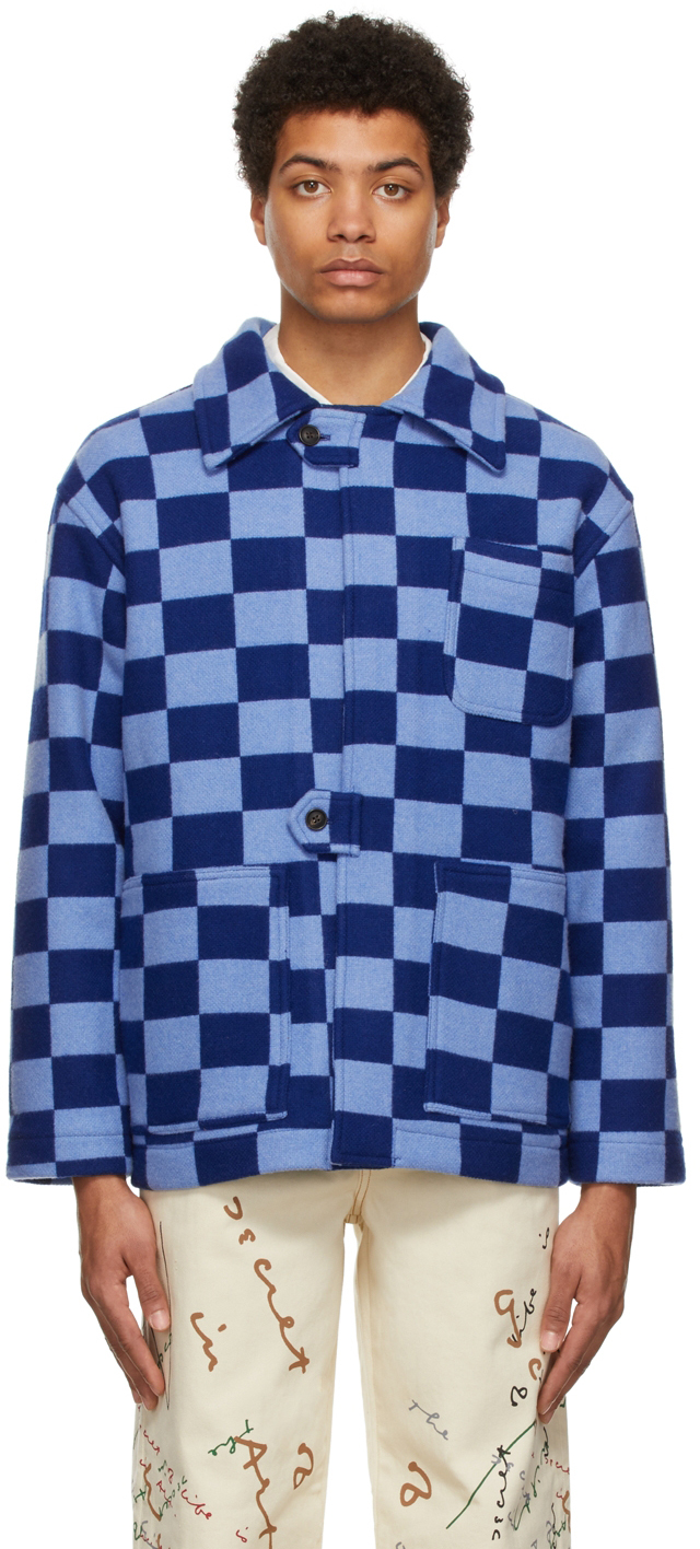 Bode: Navy & Blue Checkerboard Jacket | SSENSE Canada