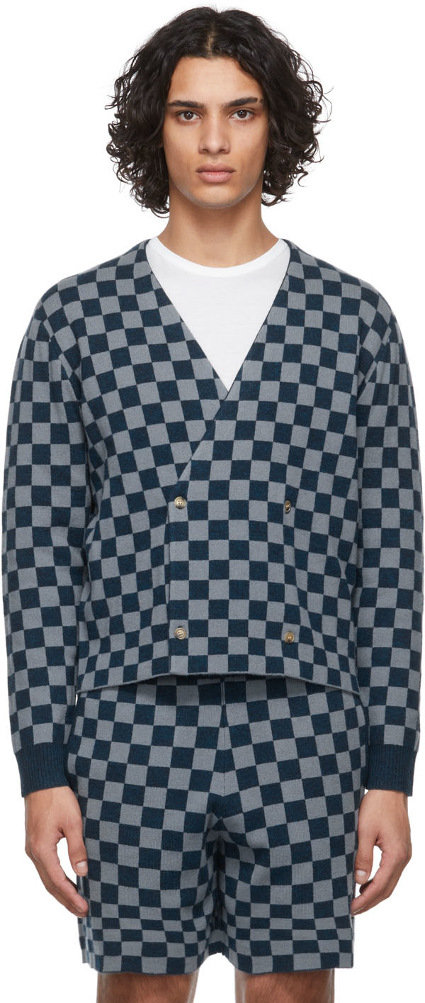 Bode: Blue Duotone Checkerboard Cardigan | SSENSE