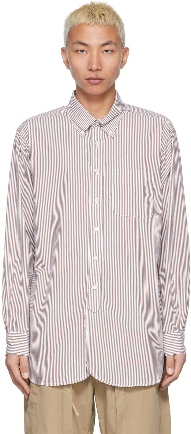 Engineered Garments: Tan & White Broadcloth Candy Stripe Shirt | SSENSE