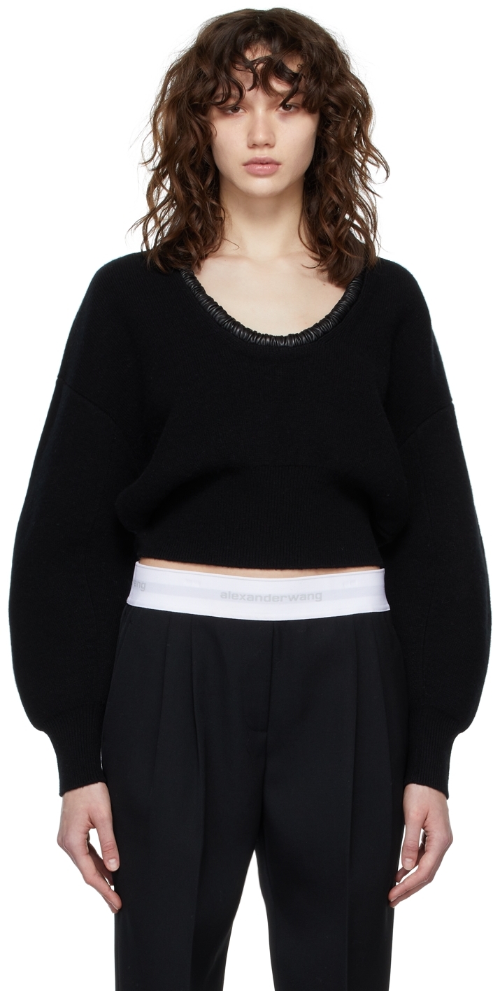 Alexander Wang Black Ruched Leather Crewneck Sweater