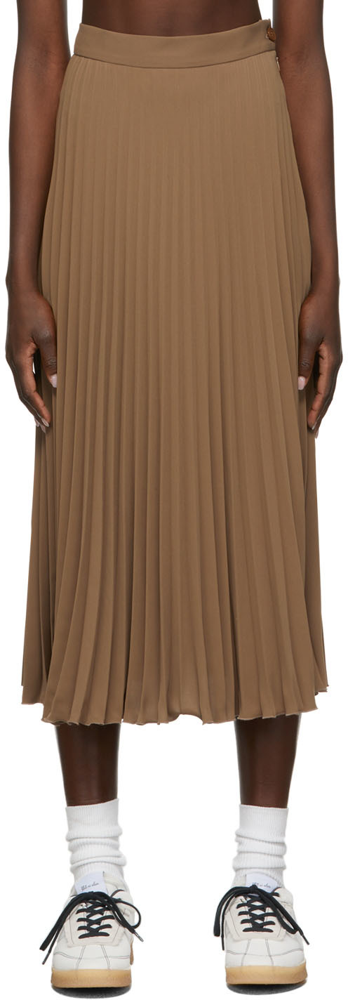 taupe pleated midi skirt