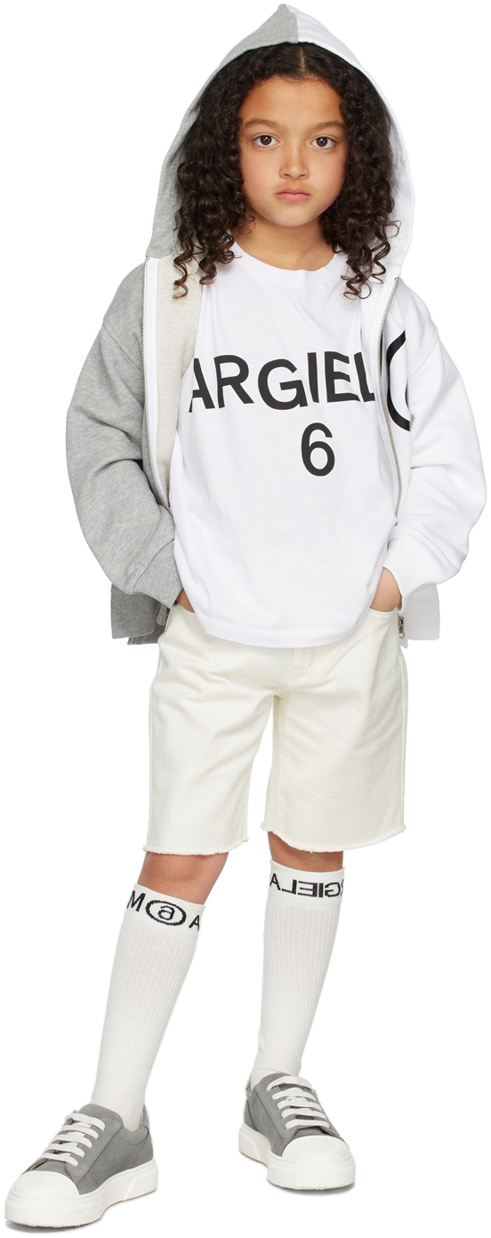 Mm6 Maison Margiela Kids Off-white Logo Denim Shorts In M6101 Off White