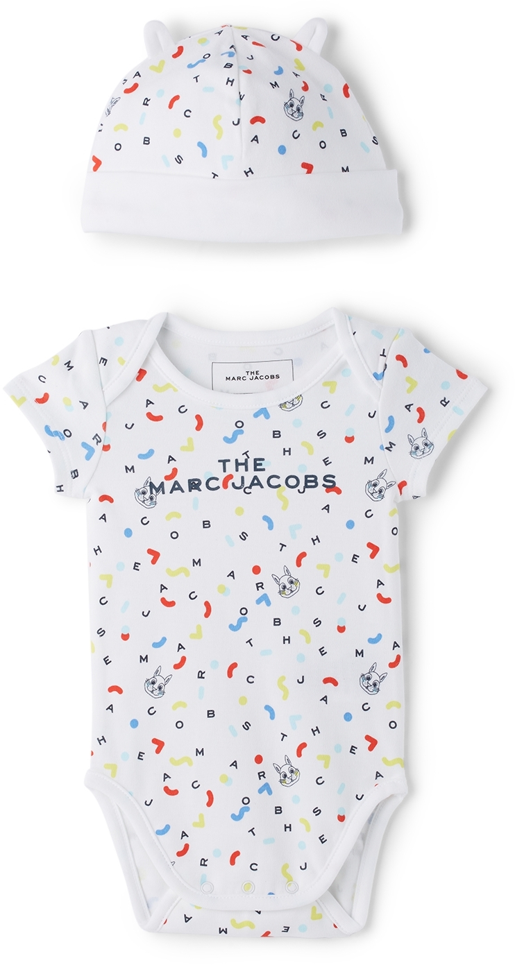 Marc Jacobs Baby White Bunny Logo Bodysuit & Beanie Set In 10b White