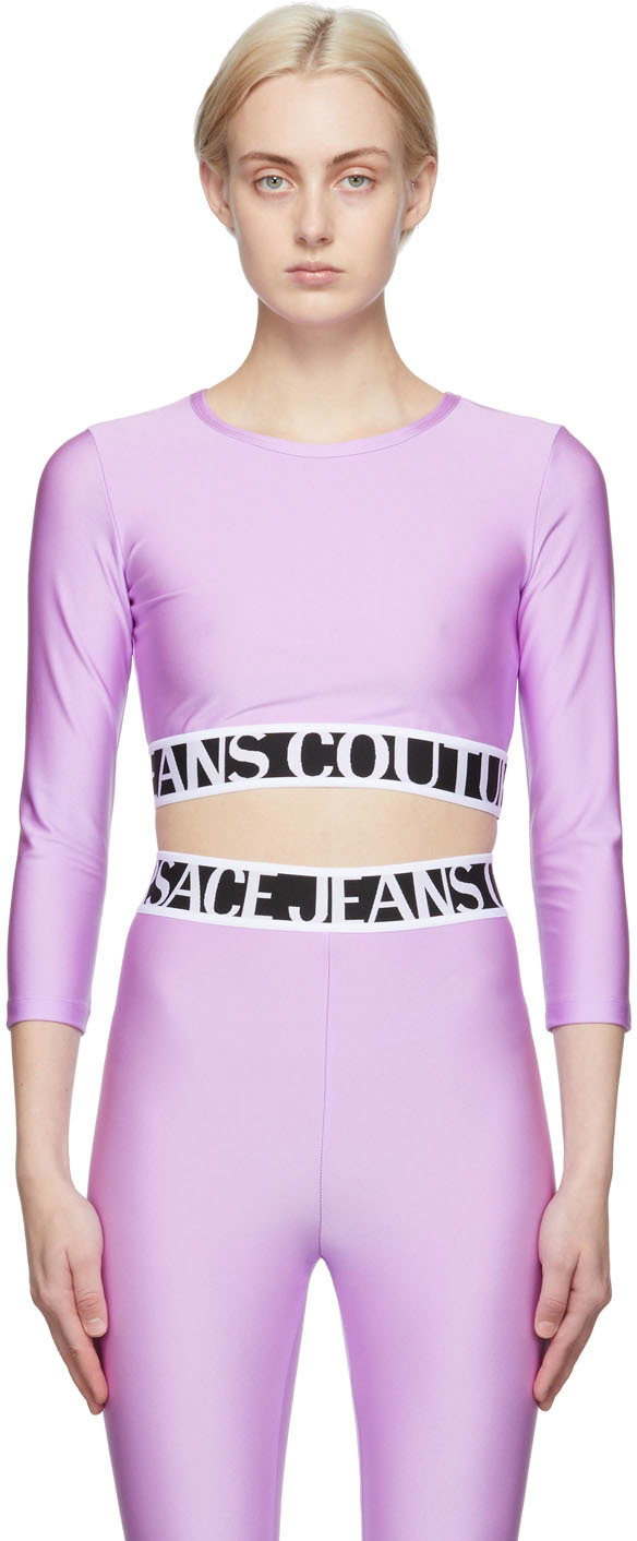 Versace Jeans Couture Purple Shiny Cropped Long Sleeve T-Shirt