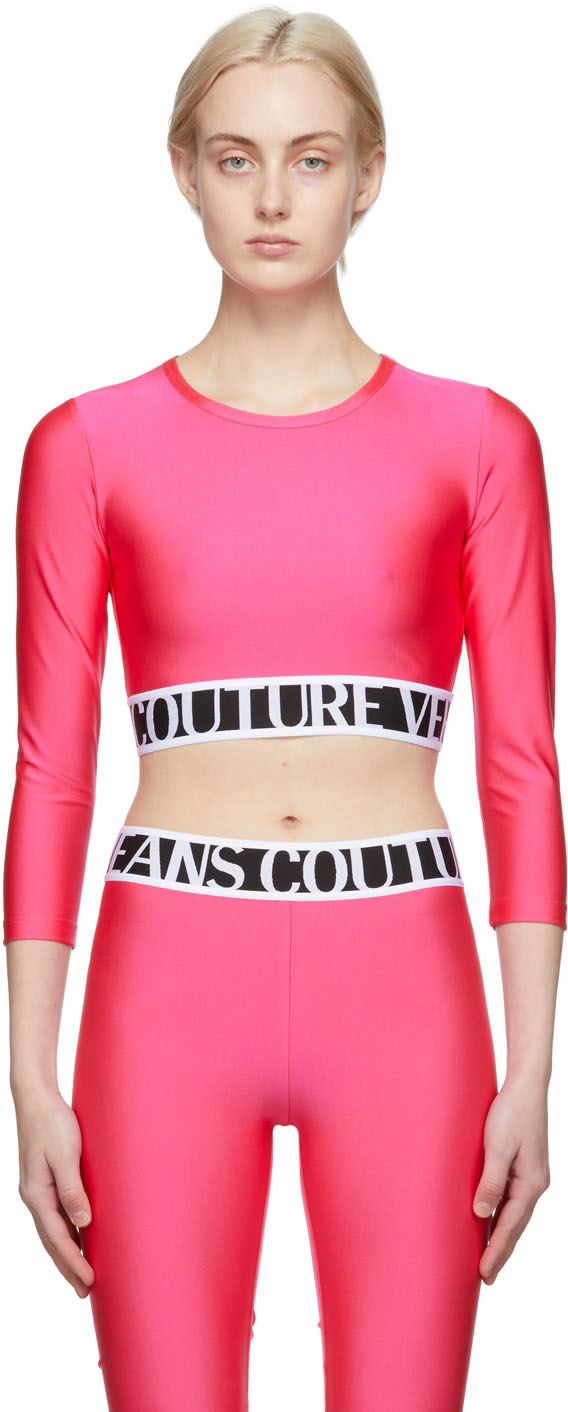 Versace Jeans Couture Pink Shiny Cropped Long Sleeve T-Shirt