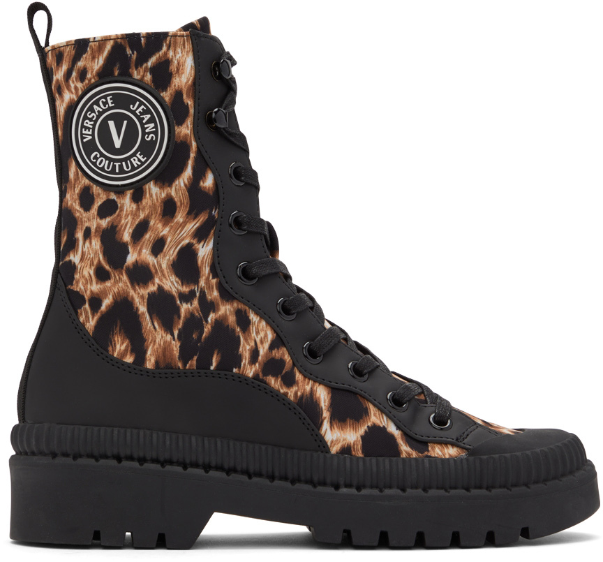 Versace Jeans Couture Black & Beige Leopard New Magnetar Boots