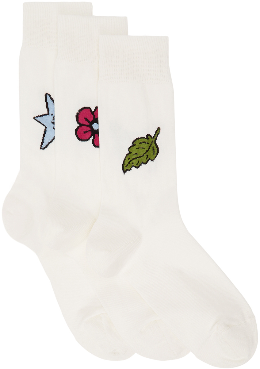 Three-Pack White Graphic Socks