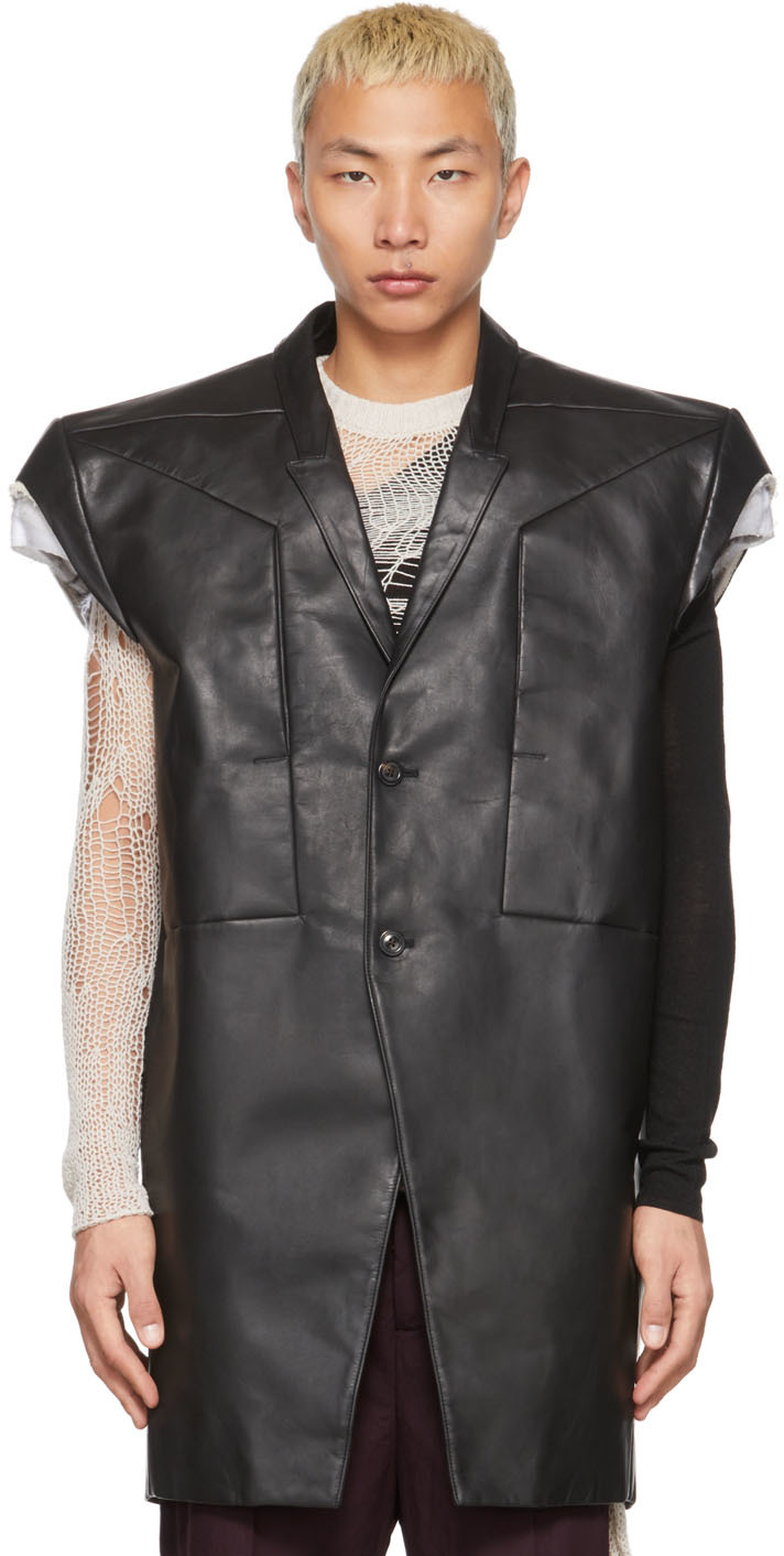Rick Owens: Black Leather Jumbo Tatlin Sleeveless Blazer | SSENSE Canada