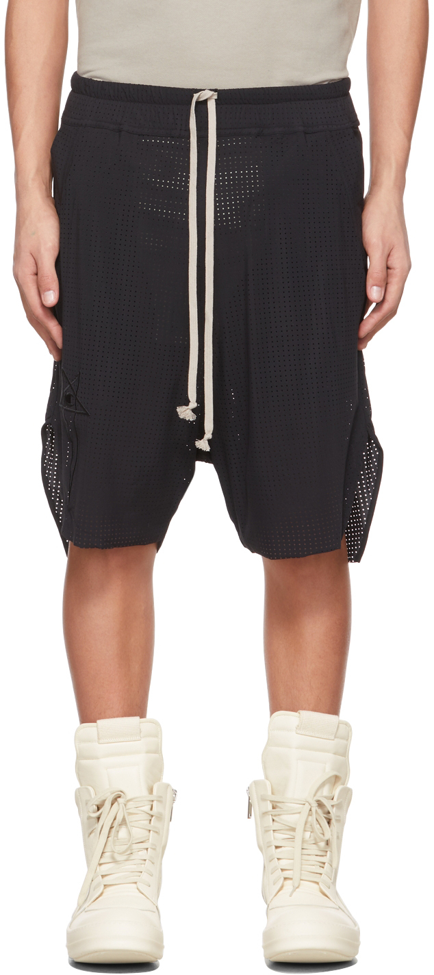 Rick Owens: Black Champion Edition Beveled Pods Shorts | SSENSE