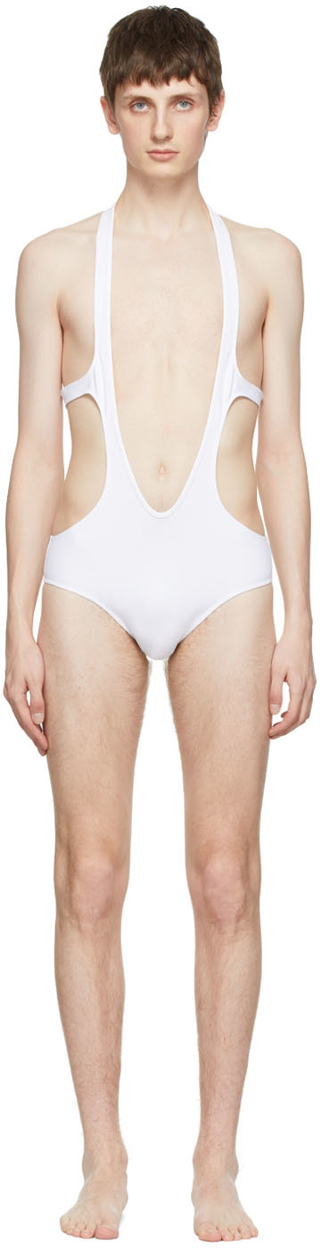 RICK OWENS WHITE RECYCLED NYLON ONE-PIECE SWIMSUIT