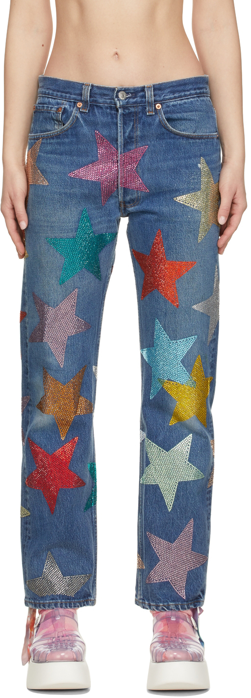 Collina Strada: Blue Levi's Edition Rhinestone Star Capsule Jeans | SSENSE