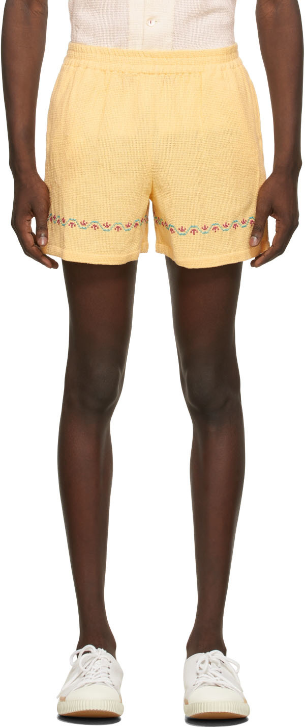 HARAGO Yellow Open Woven Cotton Shorts