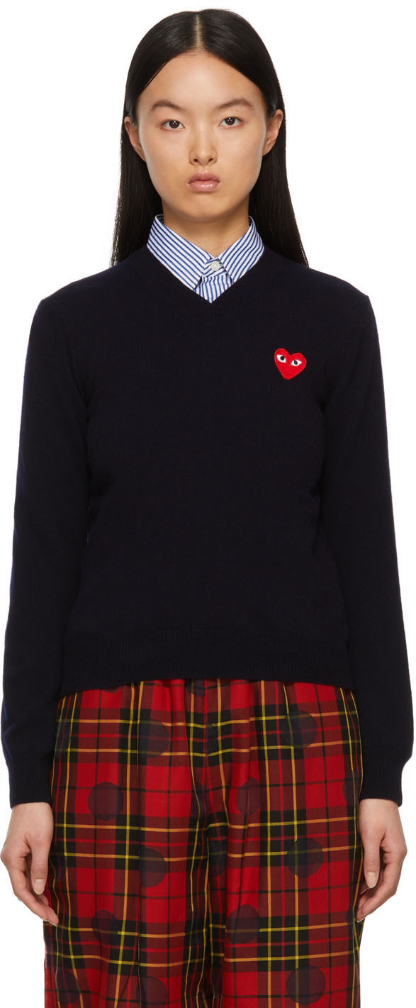 Comme des Garçons Play Navy & Red Heart Patch V-Neck Sweater