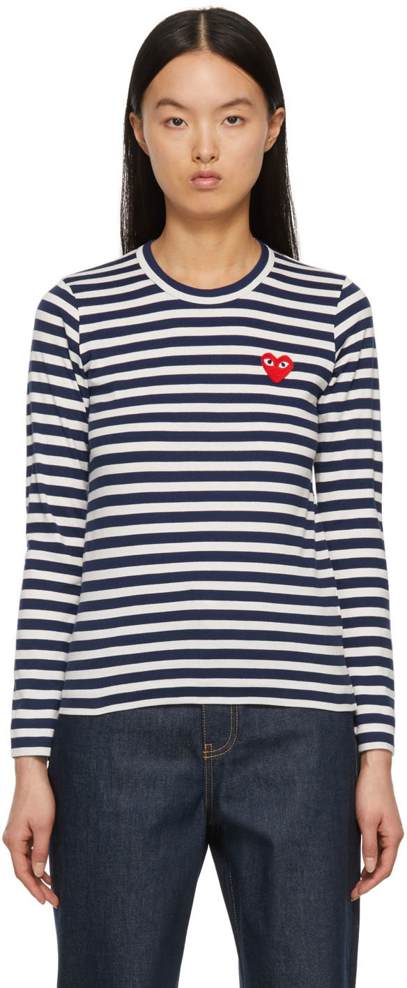 COMME des GARÇONS PLAY Navy & White Striped Heart Patch Long Sleeve T-Shirt