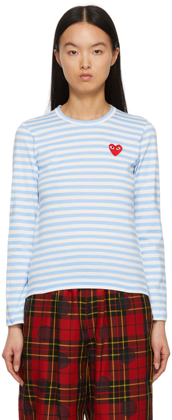 Comme des Garçons Play Blue & White Striped Heart Patch Long Sleeve T-Shirt