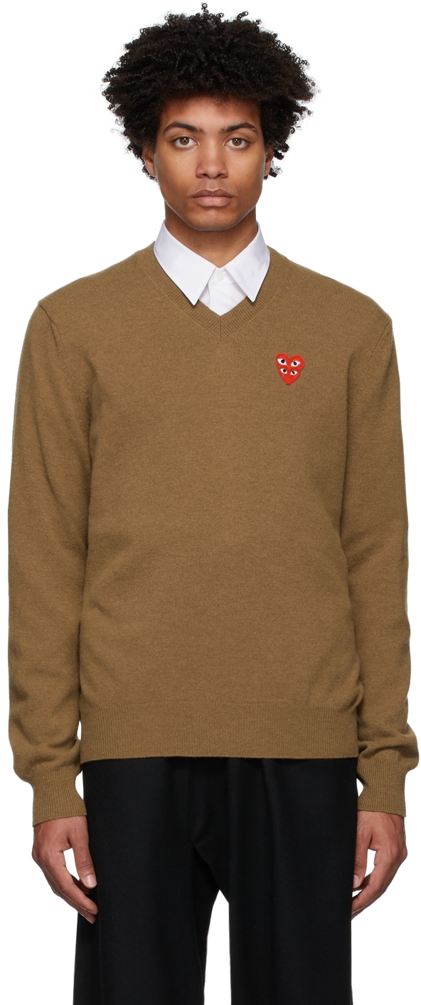 COMME des GARÇONS PLAY: Brown Knit Double Heart V-Neck | SSENSE