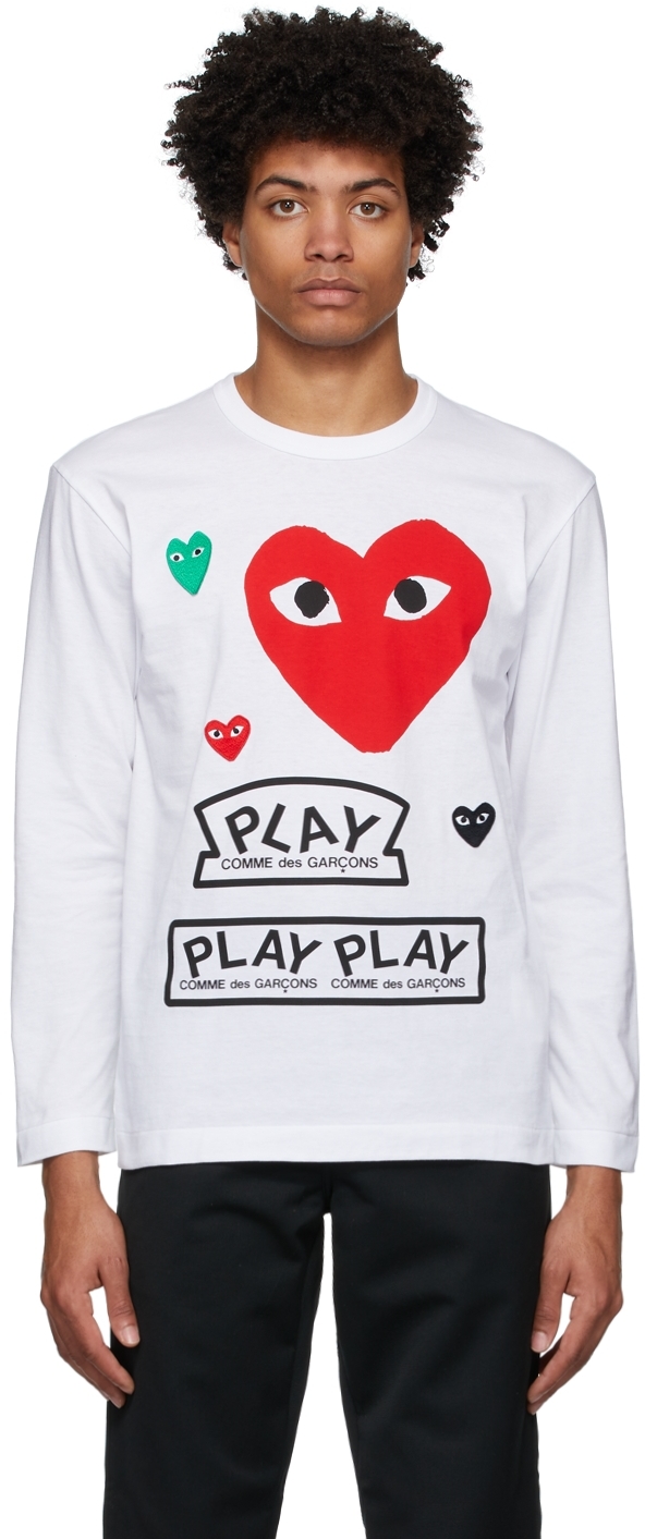 Comme des Garçons Play White & Red Multi Logo Long Sleeve T-Shirt