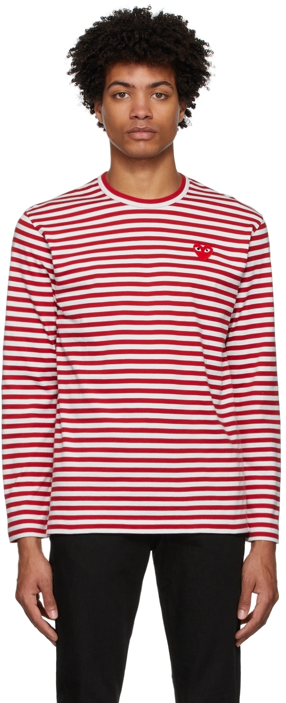 Kridt Alvorlig ressource Comme des Garçons Play: Red & White Striped Heart Patch Long Sleeve T-Shirt  | SSENSE