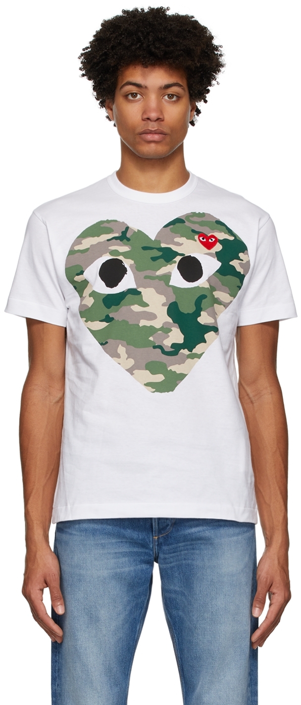 Comme des Garçons Play: T-shirt blanc à motif camouflage et à logo | SSENSE  France
