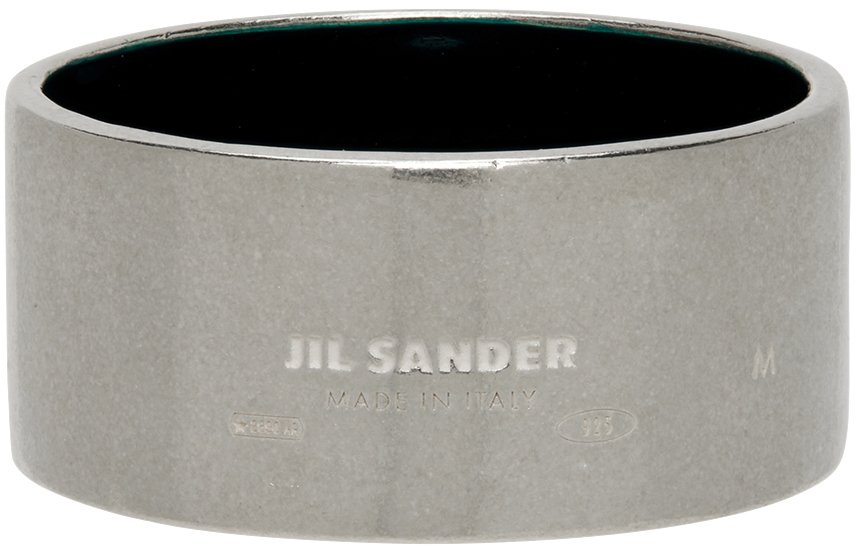 Jil Sander Silver & Green Light Ring In 312 - Army Green