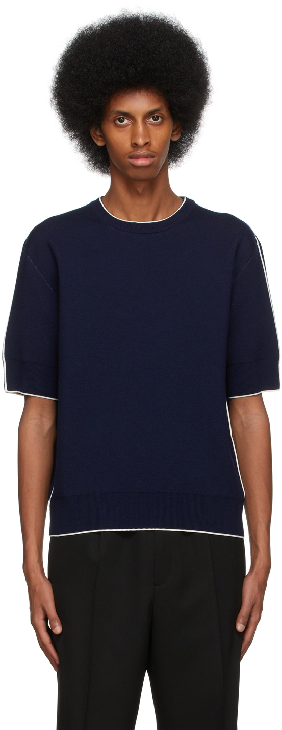 Jil Sander Navy Double-Faced Knit Short Sleeve Sweater