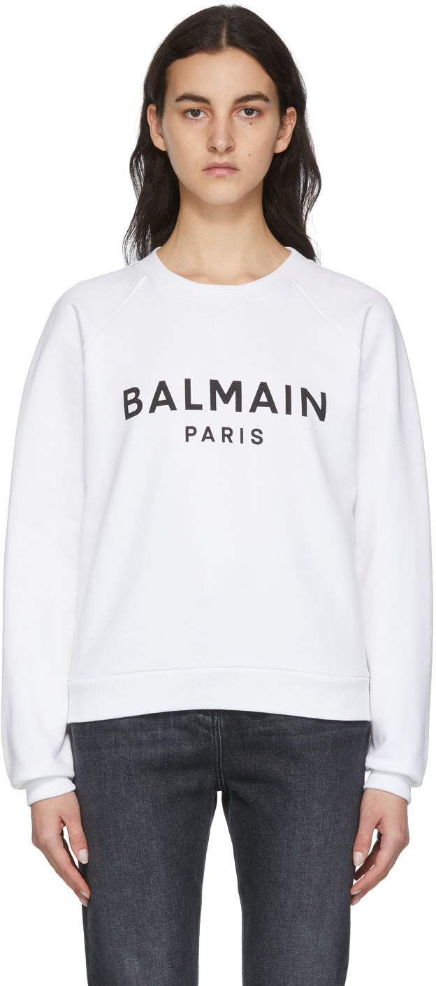 Balmain White & Black Printed Logo Sweatshirt