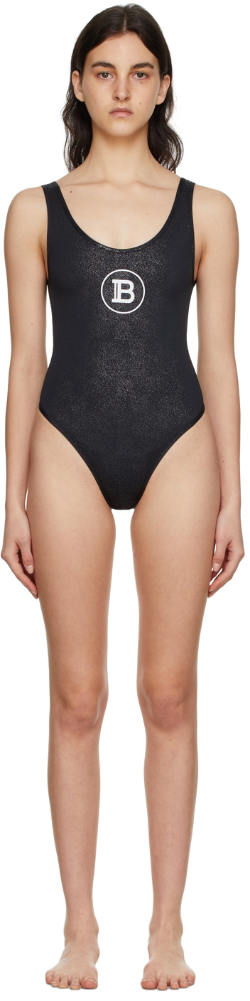 Balmain Black Polyester Glitter One-Piece Swimsuit