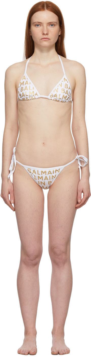 Balmain White & Gold Monogram Triangle Bikini