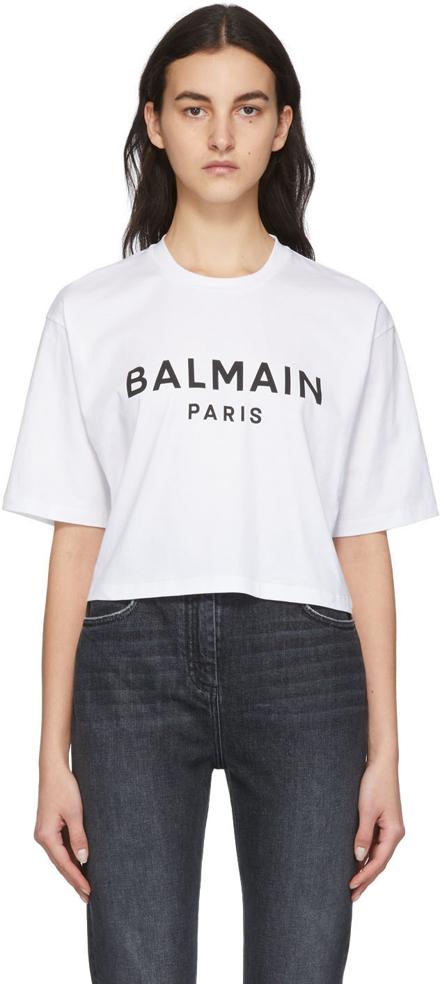 Balmain White & Black Printed Logo T-Shirt