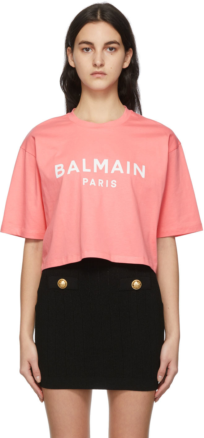 Balmain Pink Cotton Cropped T-shirt With Logo Print In Rosa