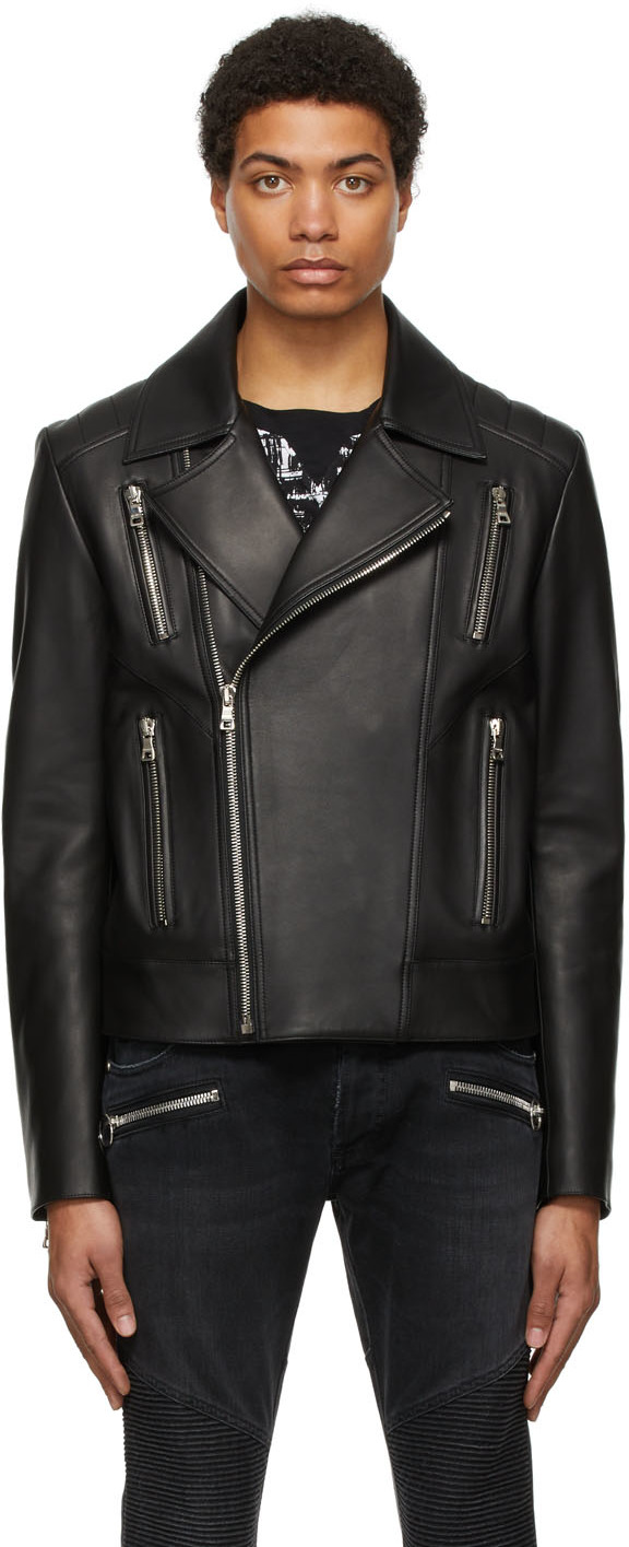 Balmain: Black Leather Biker Jacket | SSENSE