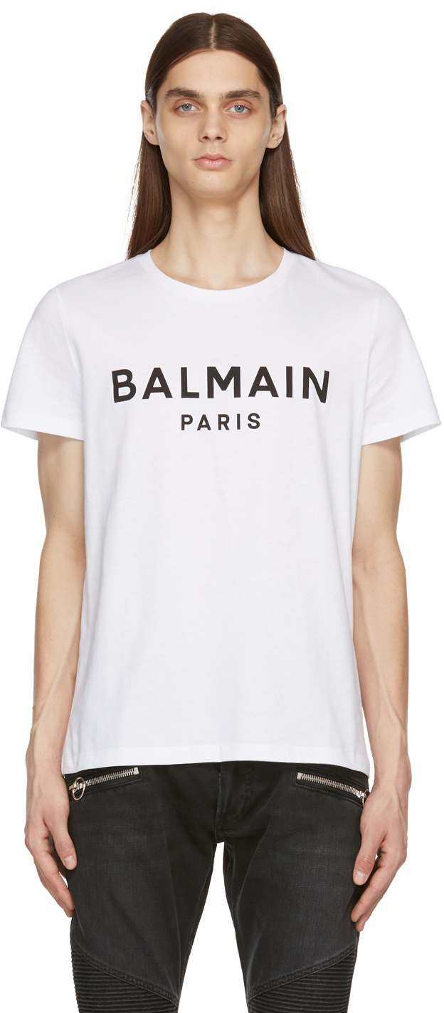 Balmain Light Gray Cotton T-shirt With Print In Bianco