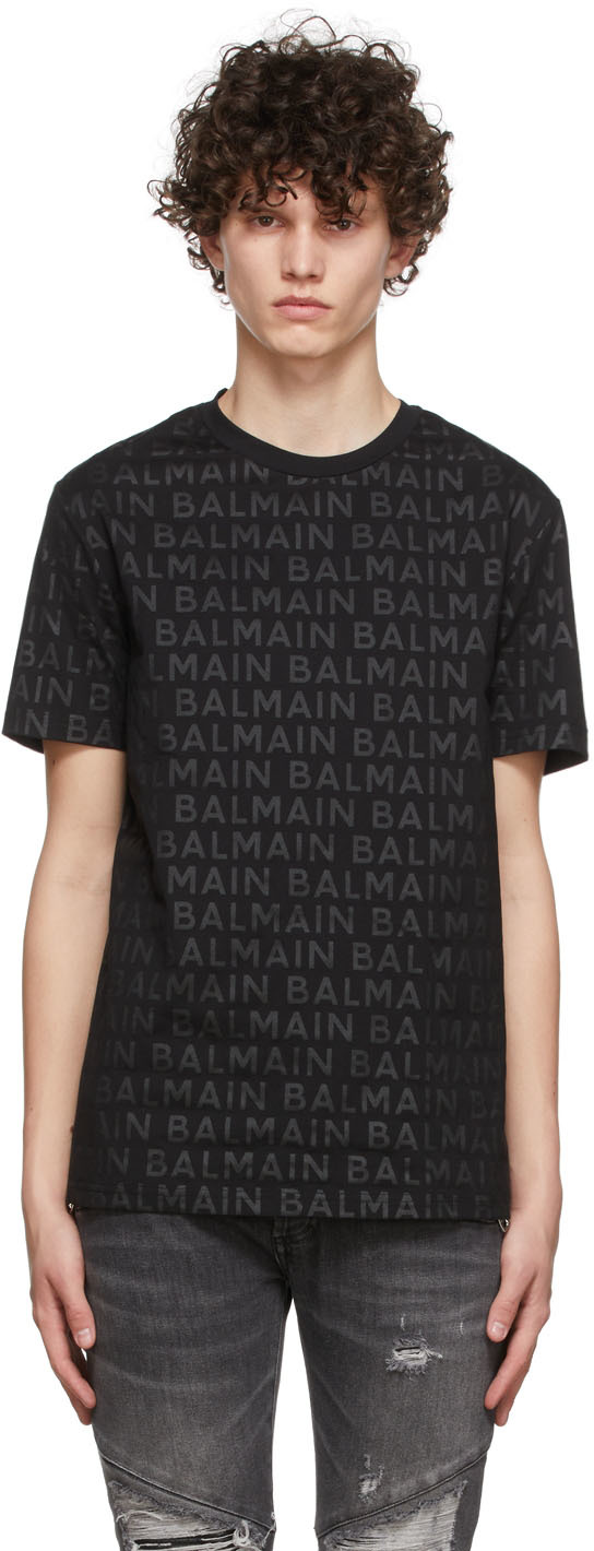 Balmain All Over Flock Logo Monogram Print Black T-shirt - T