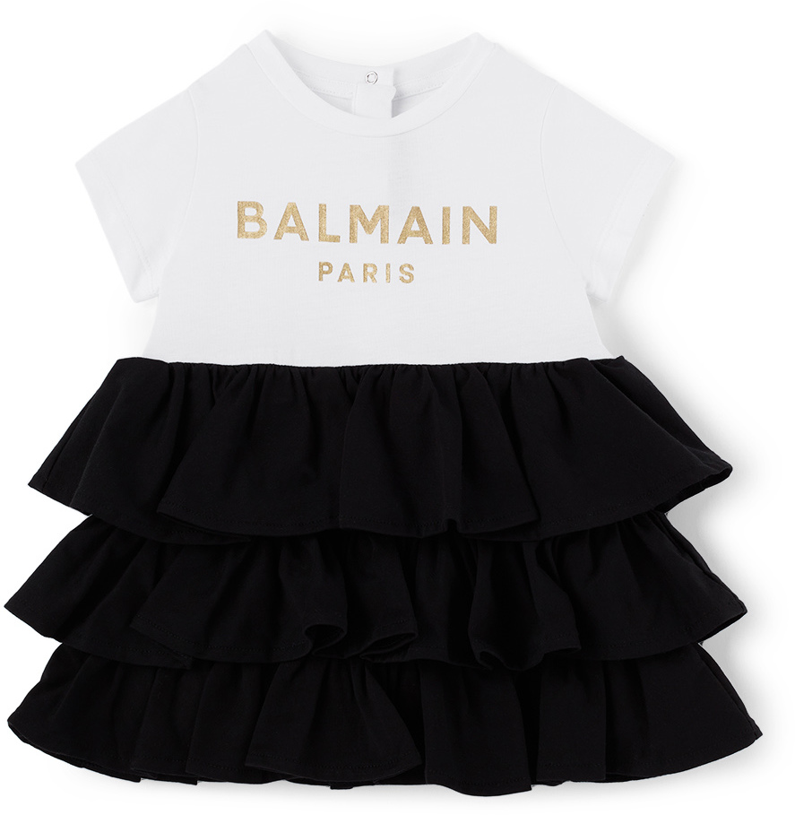 Balmain Baby White & Black Ruffle Logo Tutu Dress