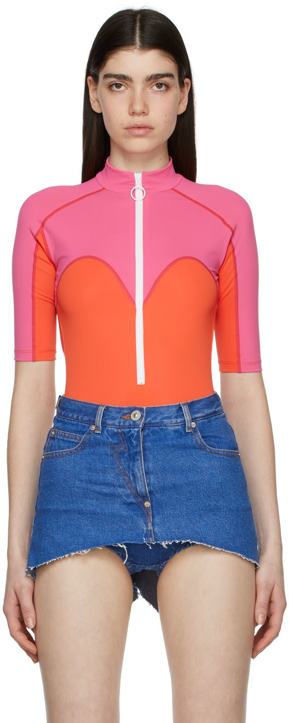 Pink & Orange Nylon Bodysuit by Pushbutton on Sale