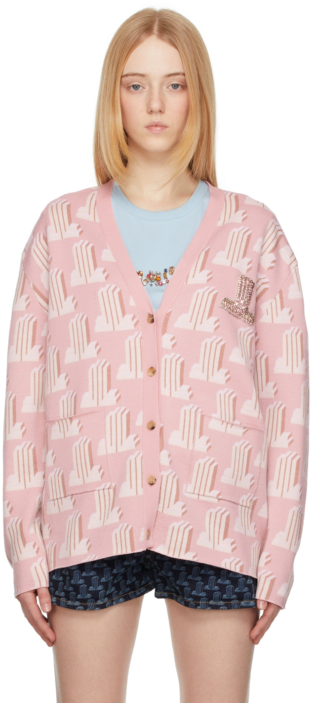 Pink Wool Logo Cardigan by Lanvin on Sale