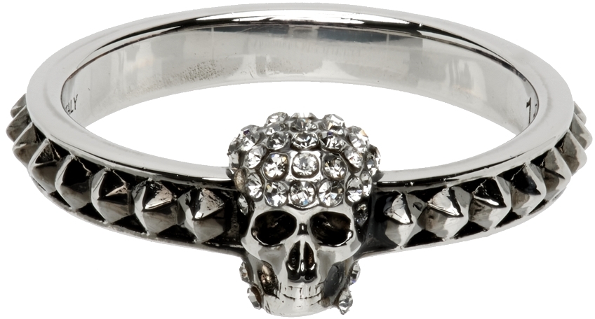Alexander McQueen Silver Pave Skull Thin Ring