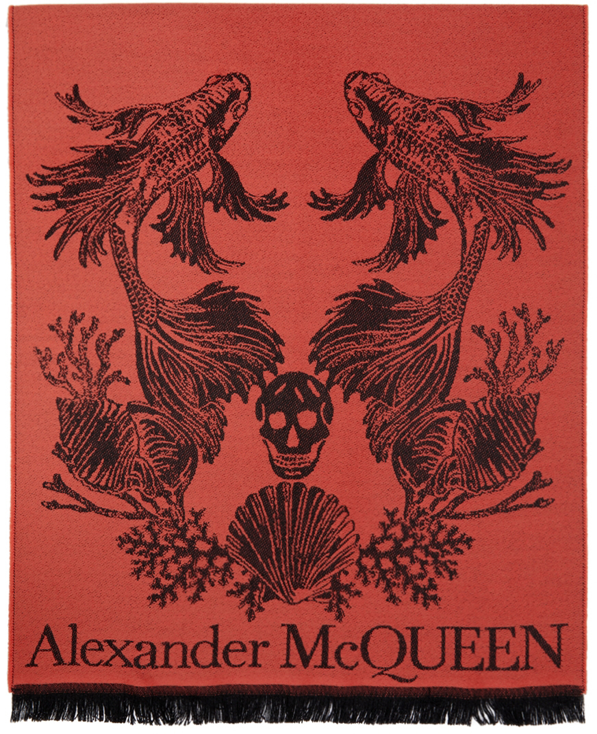 Alexander McQueen Red & Black Wool Underwater Scarf