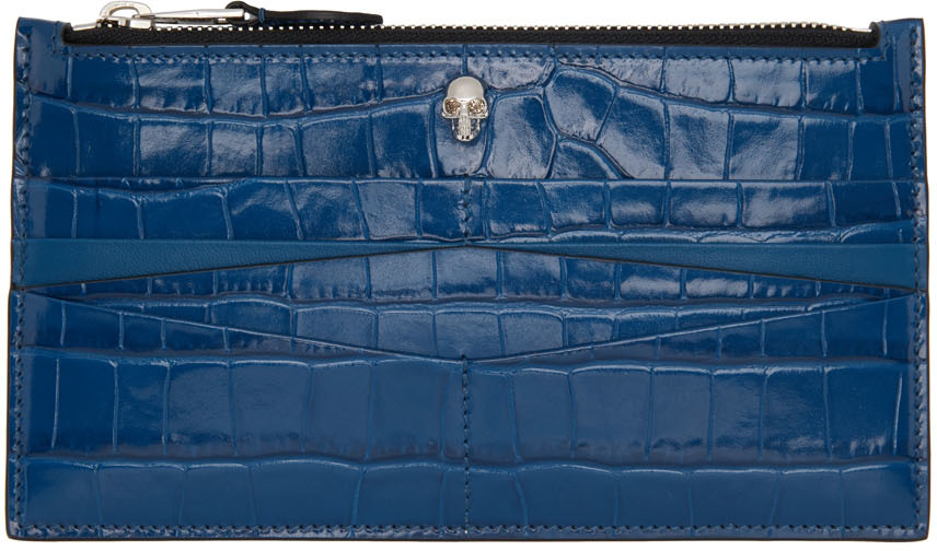 Alexander McQueen Blue Croc Flat Zip Wallet