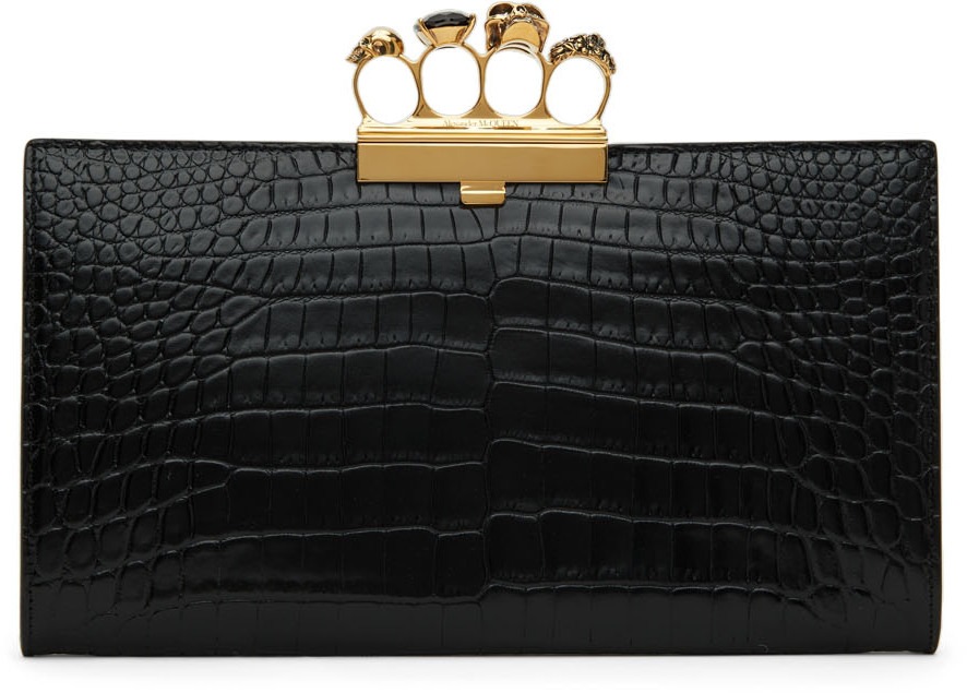 Alexander McQueen Black Leather Skull Four Ring Clutch