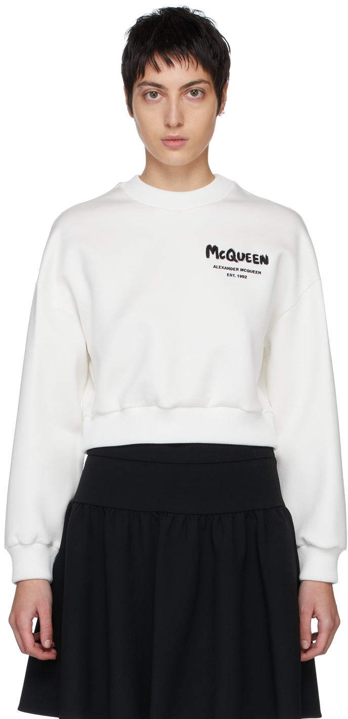 Alexander McQueen White Graffiti Cropped Sweatshirt