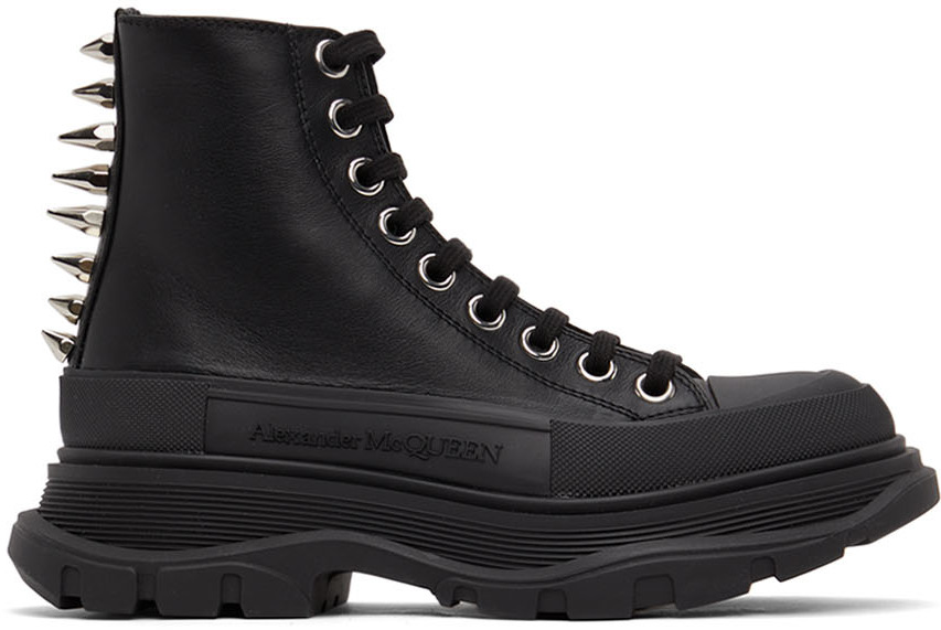 Black Leather Stud Tread Slick Sneakers